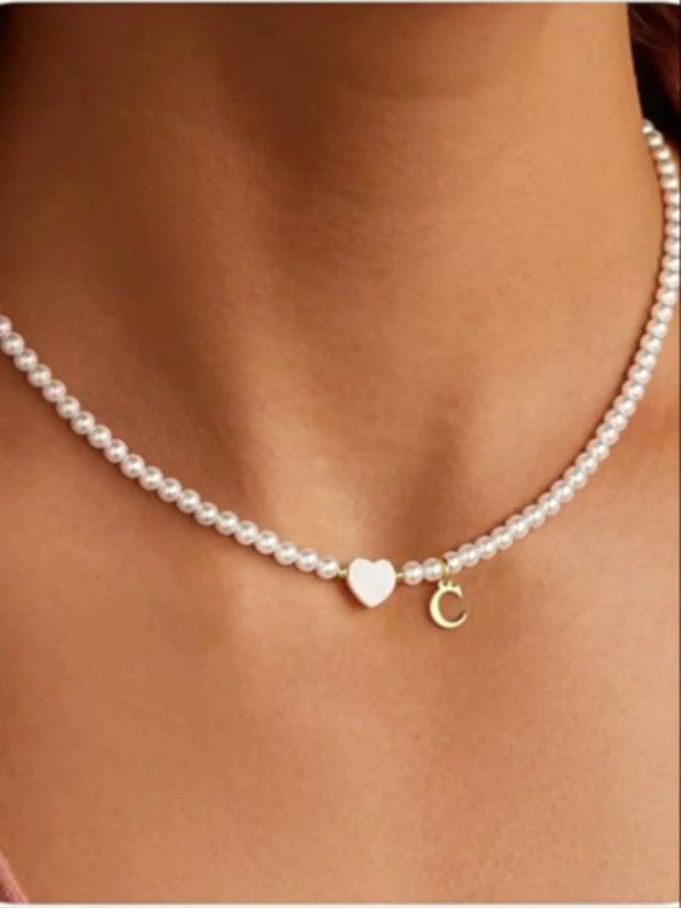 Imitation Pearl Beaded Choker Necklace for Women, Heart & Initial C Letter Charm, Dainty Sweet Jewelry Gift for All Seasons