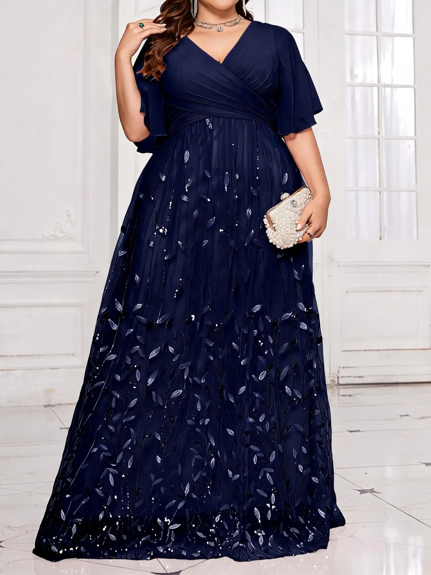[Plus Size] Glitter Sequin Embroidery Lace Trim Embellished Dress, Elegant V Neck Long Sleeve Formal Wear Evening Party Gown, Women's Clothes for All Seasons, Womenswear