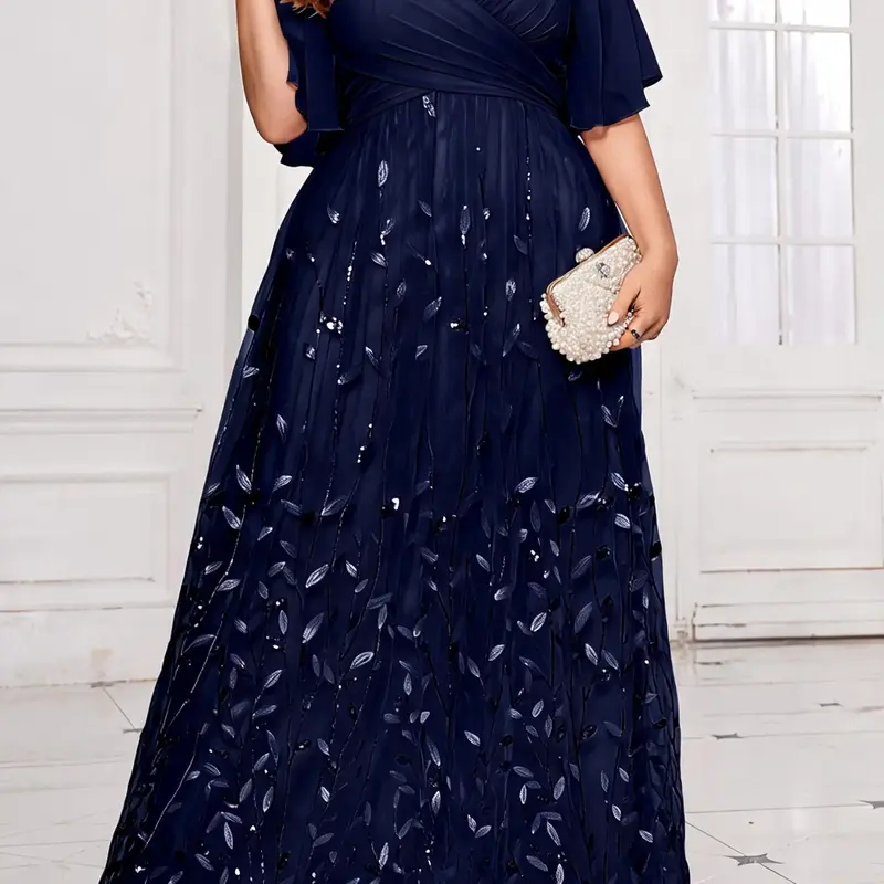 [Plus Size] Glitter Sequin Embroidery Lace Trim Embellished Dress, Elegant V Neck Long Sleeve Formal Wear Evening Party Gown, Women's Clothes for All Seasons, Womenswear
