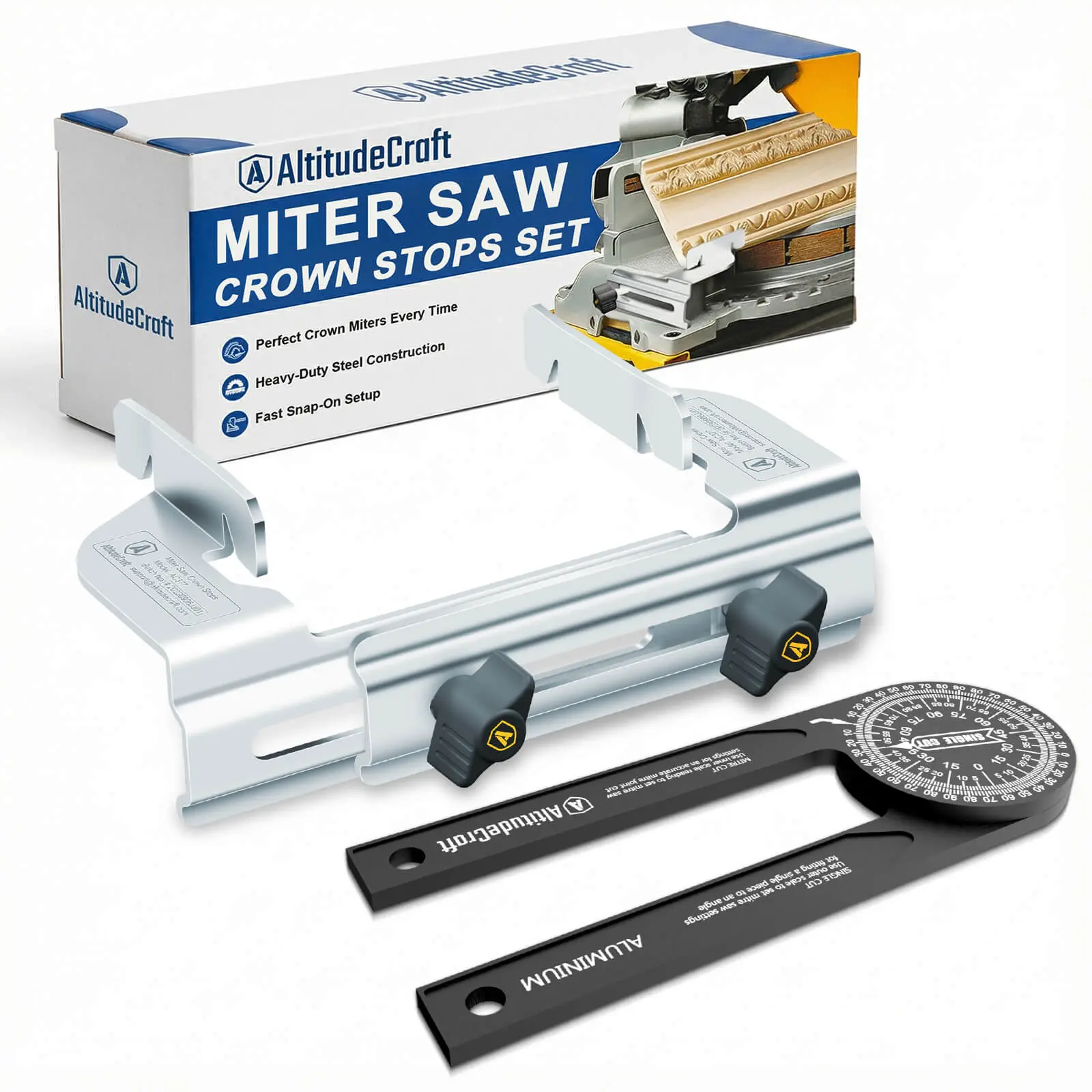AltitudeCraft Miter Saw Stops & 360° Aluminum Protractor Tool Kit - Crown Molding Jig for DW703 DW706 DW715 DW716 DW718 DWS780, Angle Finder for Wall Crown Cuts & Carpentry Trim