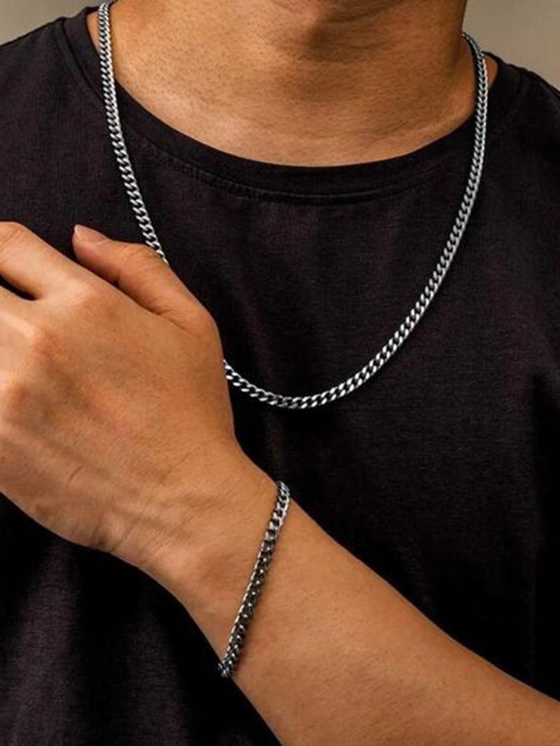 Punk Style Stainless Steel Chain Necklace & Bracelet, Casual Trendy Hip Hop Jewelry Set, Fashionable Jewelry Set Without Box, Men Jewelry