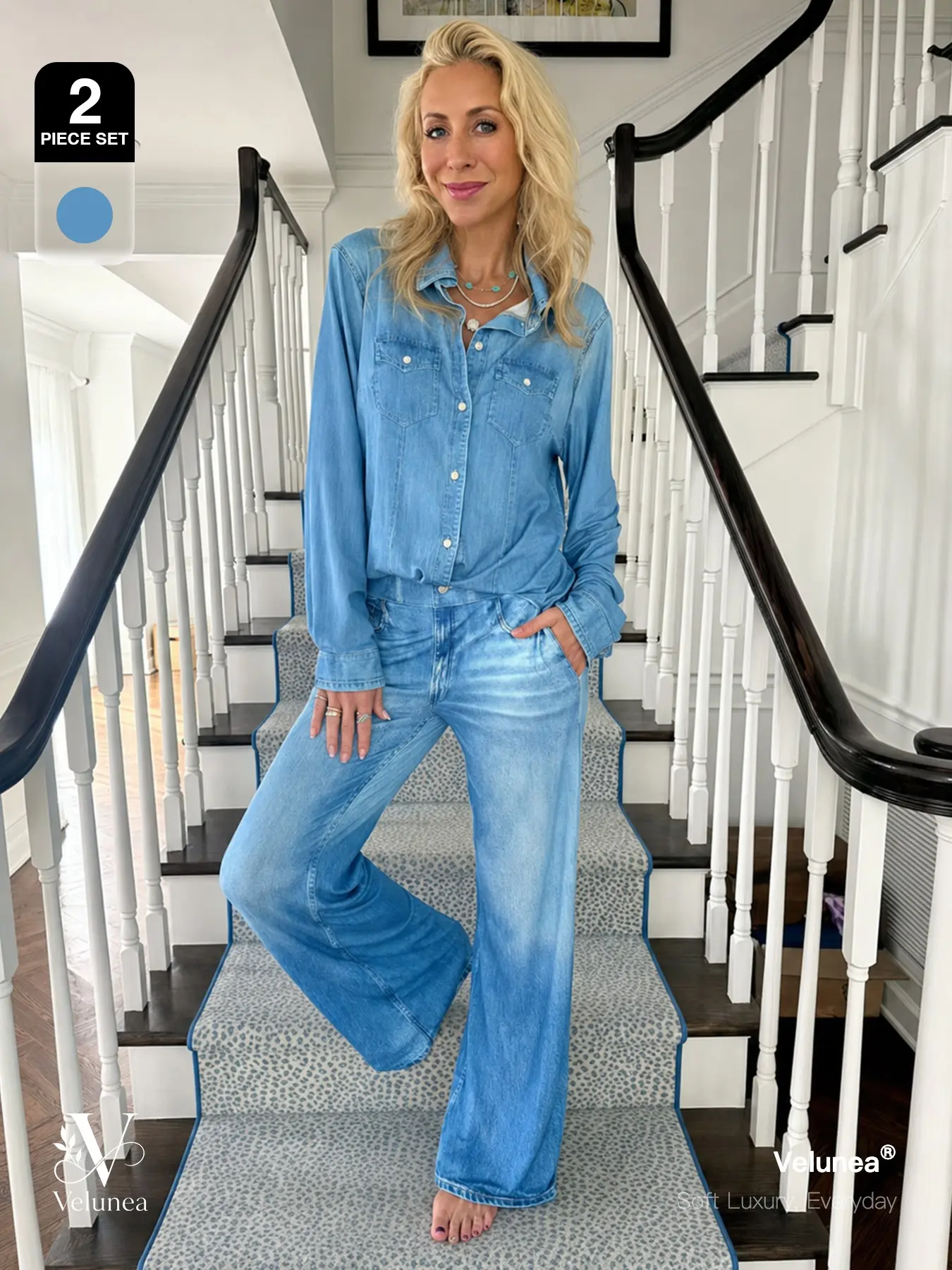 | 2-Piece Set | Velunea Women’s Denim Look Pajama Set, Button Down Shirt and Wide Leg Pants Lounge Set, Soft Stretchy Cozy Sleepwear Outfit for Homewear and Everyday Comfort Loungewear