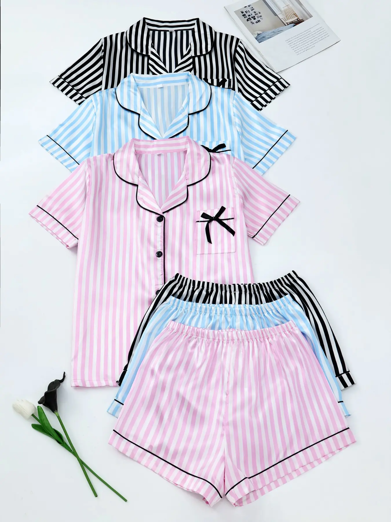 Six-Piece Women's Satin Pajama Set, Striped Print, Comfortable Fabric, Summer Sleepwear, Button Front Bow Front Top and Elastic Waist Shorts