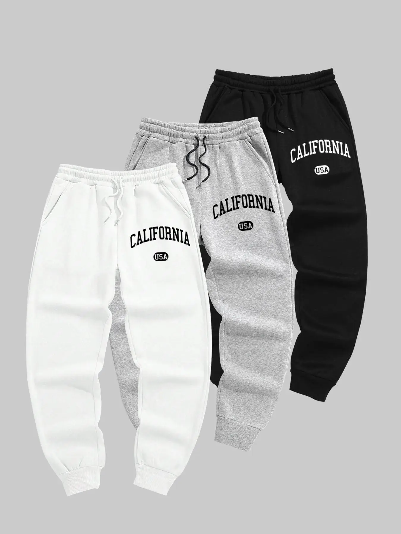 3 Pack Men's Loose Fit Drawstring Jogger Sweatpants Trendy California Letter Graphic Running Training Daily Casual Basic Track Pants