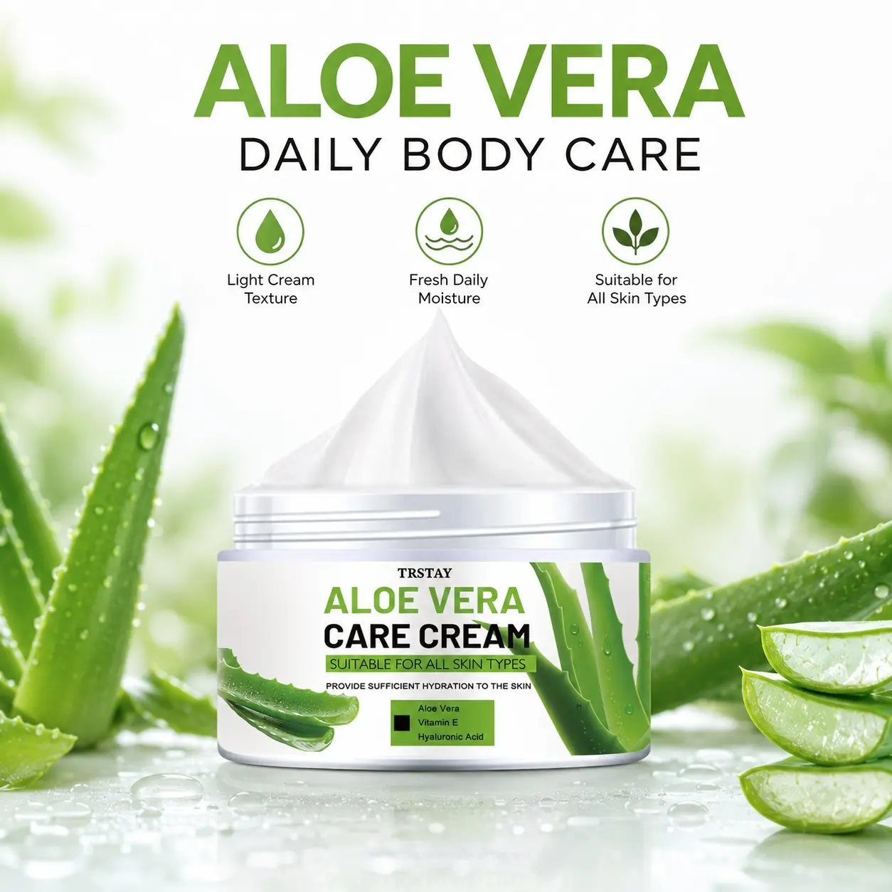 Trstay Aloe Vitamin E Hyaluronic Acid Light Cream, Daily Hydrating Lotion for All Skin Types, Moisturizing Skincare Essential