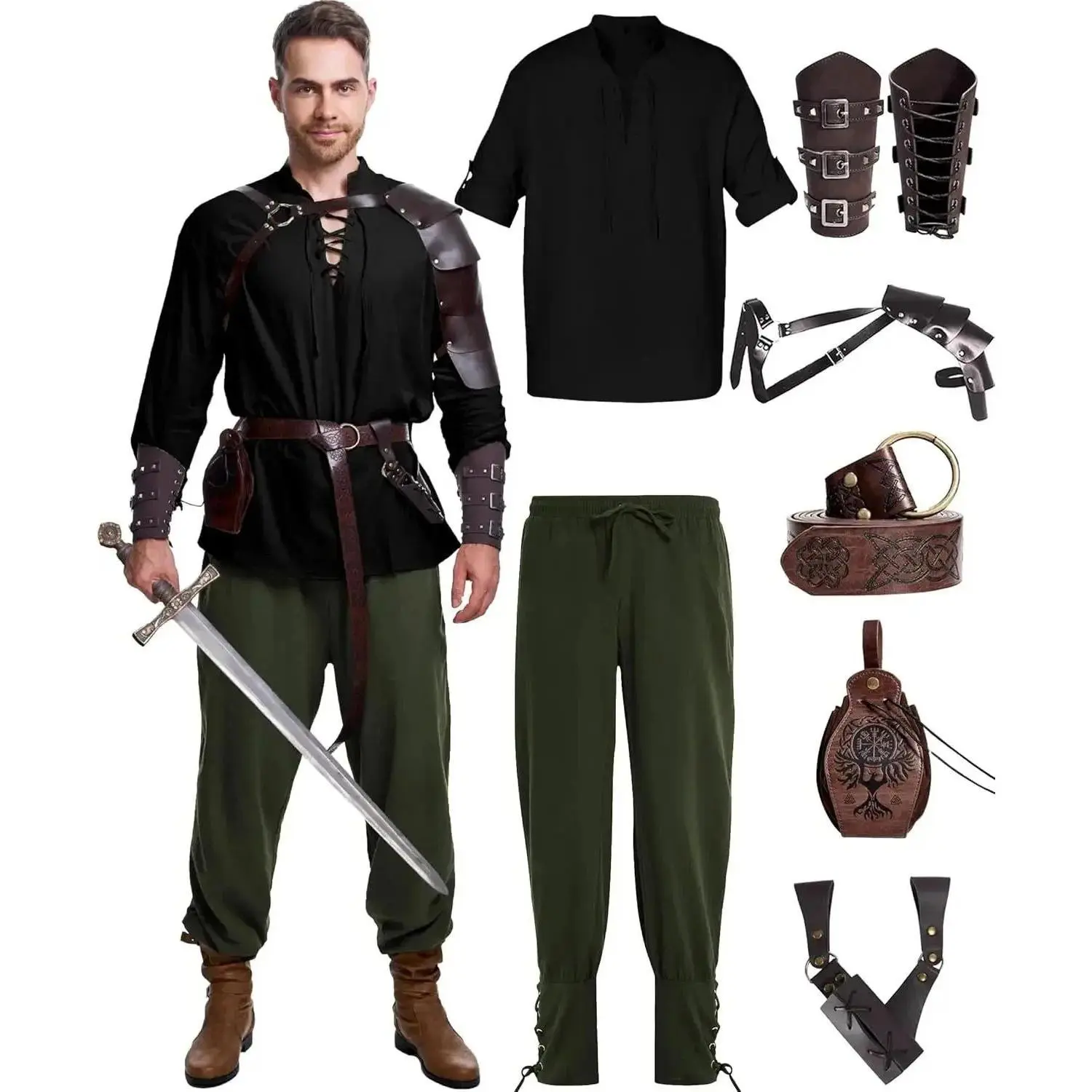 8 Pcs Men's Renaissance Costume Halloween Medieval Pirate Shirt Pant Viking Costume Accessories Set
