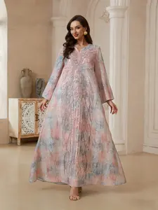 Paisley Sequin Embroidered Long Robe, Dubai Style Small V Neck Flared Sleeves Abaya, Eid Luxurious Dress, Boho Loose-Fit Evening Wear, Loose Abayas
