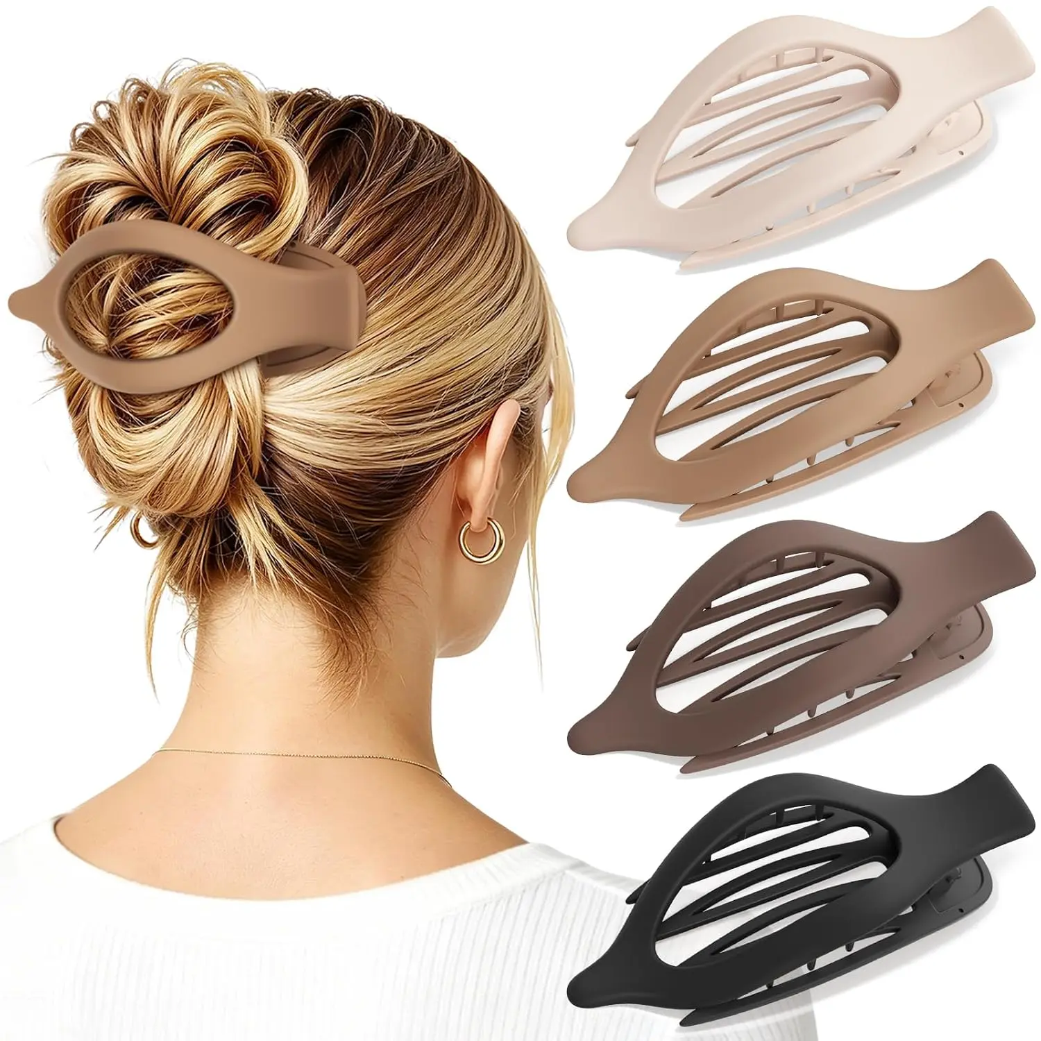 4 count Large Flat Hair Clips for Women Girls,  Concord Lay Down Flat Claw Clips for Thick Thin Hair, Comfortable Curved Hair Clip, Matte Non-slip  Hold Hair Accessories, Neutral