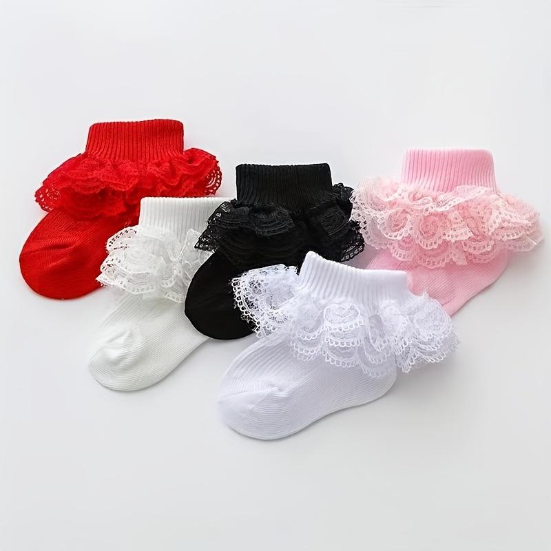 Girls' Lace Trim Ankle Socks, Breathable Polyester Knit Fabric with Spandex, All-Season Comfort, Hand Wash Only - Perfect for Youngsters and Youngsters, Seasonal Babywear |         Delicate Youngsters Socks |         Polyester Spandex Blend, Youngster