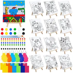 48 Pcs Kids Paint Party Favors Set, with 12 Animal Pre-Drawn Canvas Panels, Wooden Easel, Paint Pots, Brushes, 12 Mini Aprons & Tote Bags for Boys Girls Students