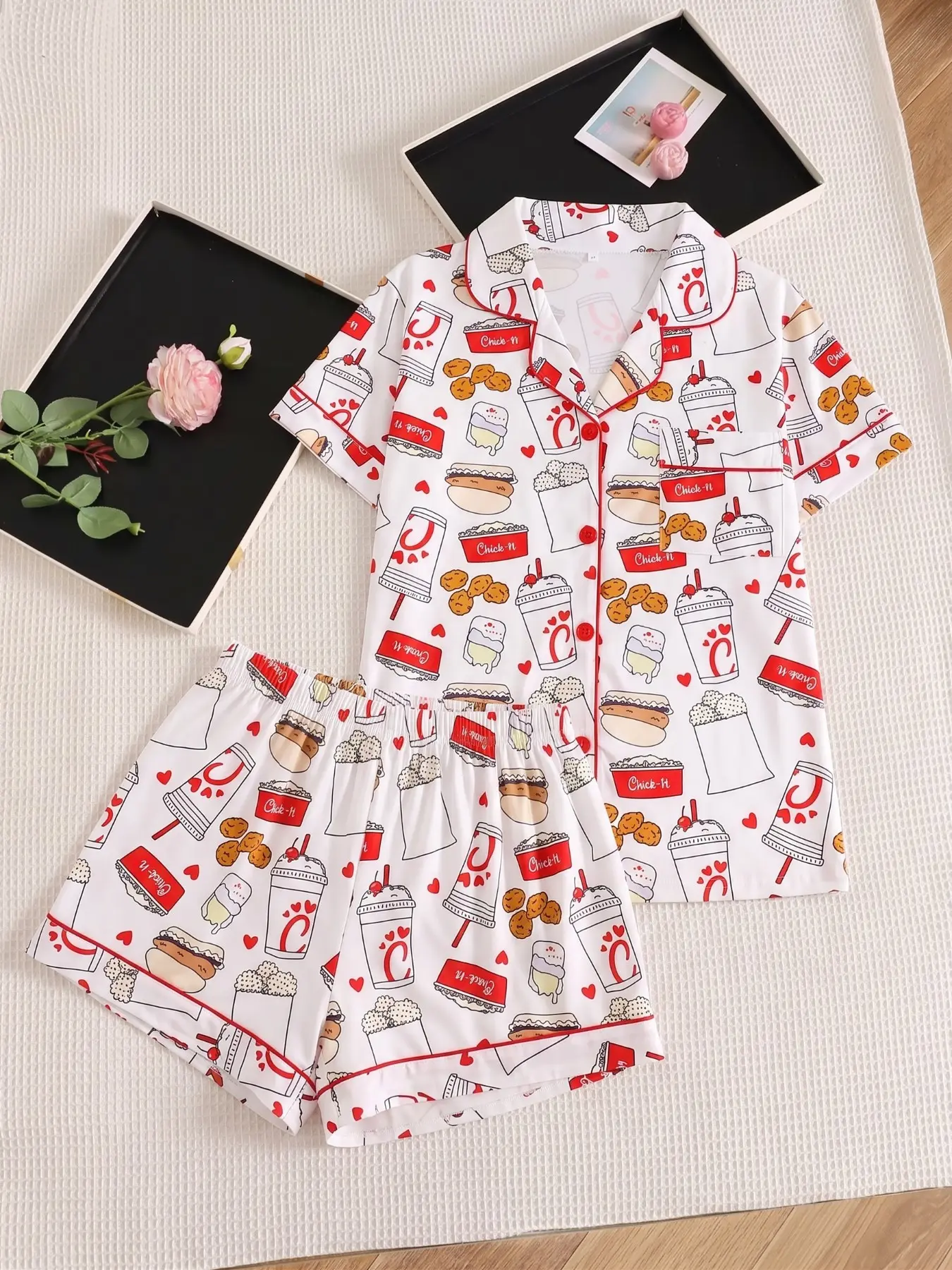 Women's Funny Chicken Burger Drink All-Over Print Pajamas, Fitted Short Sleeve Top + Loose Comfortable Shorts, Casual Lightweight Loungewear Sleepwear Set