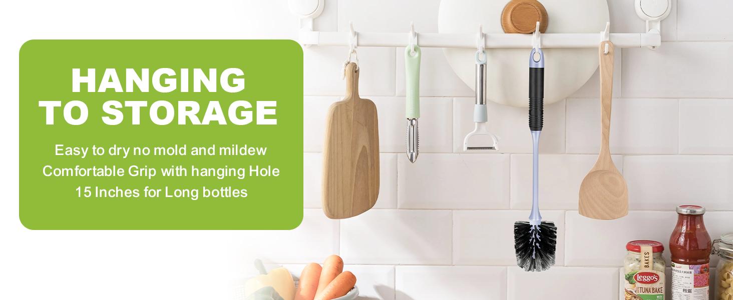 Long Handle Bottle Brush Set, 2-Pack Flexible Nylon Scrub Brushes for Reusable Water Bottles, Cleaner for Thermos, Tumblers, Glassware & Mugs - Black