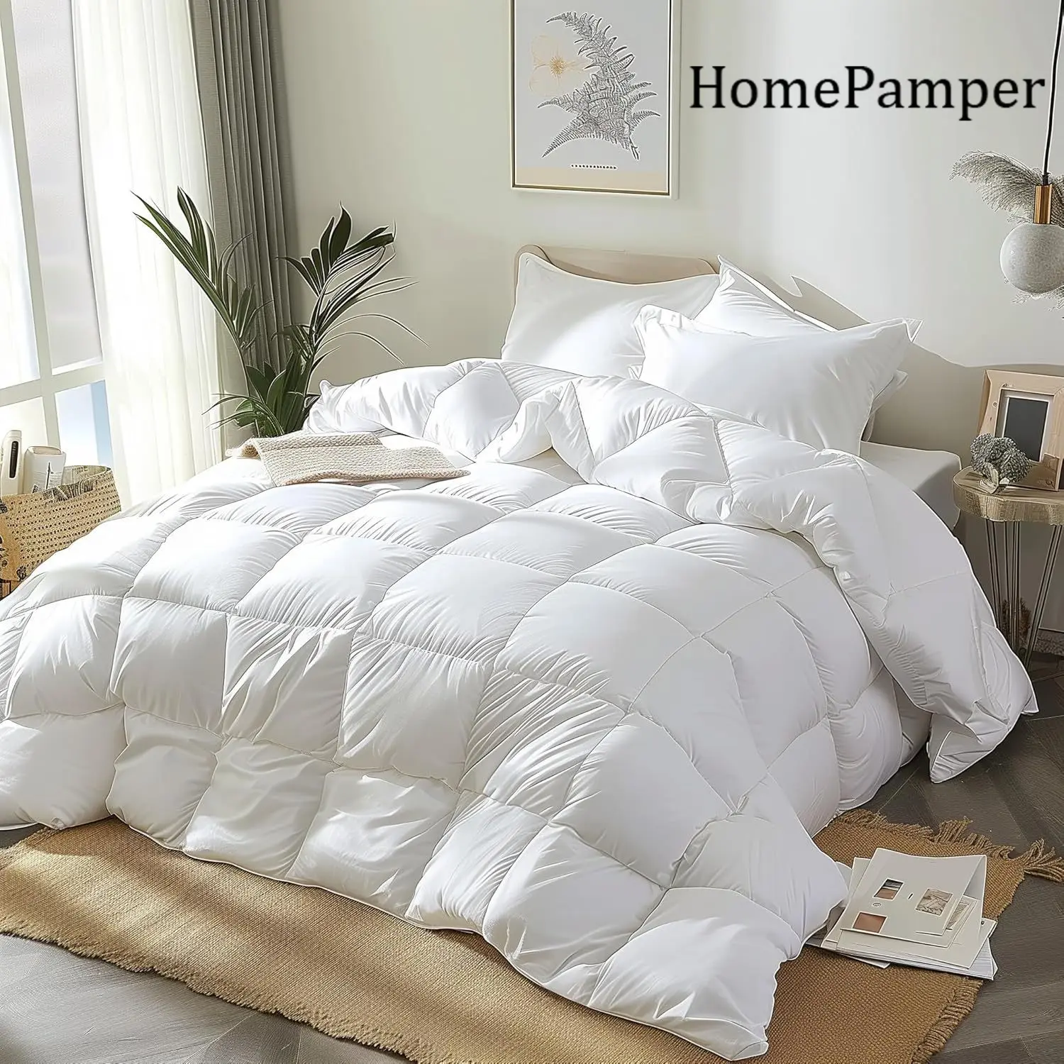 Queen Size 90 X 90 Inch White Fluffy Down Comforter, Soft Quilted All Season Duvet Insert Bedding