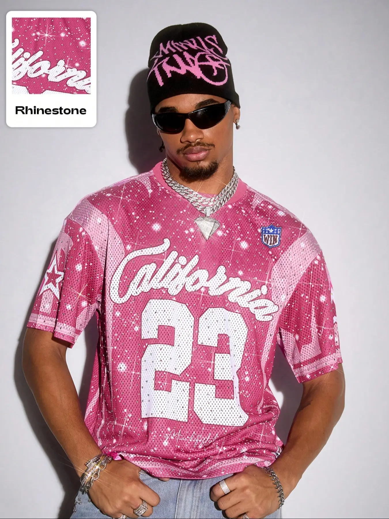 Men Oversized Y2K Hip Hop Mesh Football Jersey, Sports Mesh Jersey Quick Dry Breathable V Neck Short Sleeve All Over Galaxy Star Rhinestone Crystal Hotfix California Cursive Number 23 Bling Print Sky Blue Streetwear Top Vintage 90s West Coast