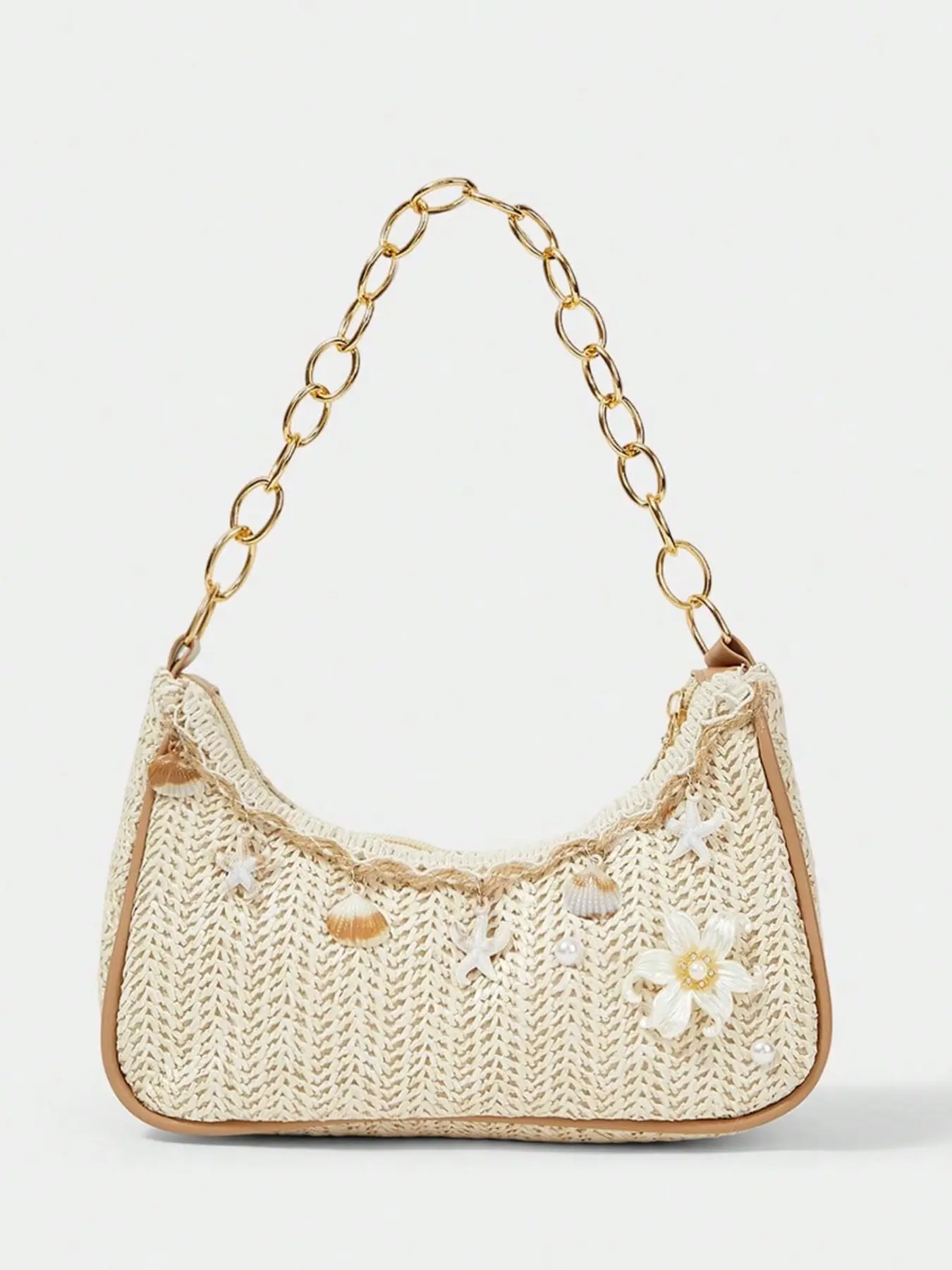 Flower Shell Chain Straw Underarm Bag, Boho Style Beach Vacation Shoulder Bag, Unique Atmosphere Beach Women's Bag, Fashionable Bohemian Bag