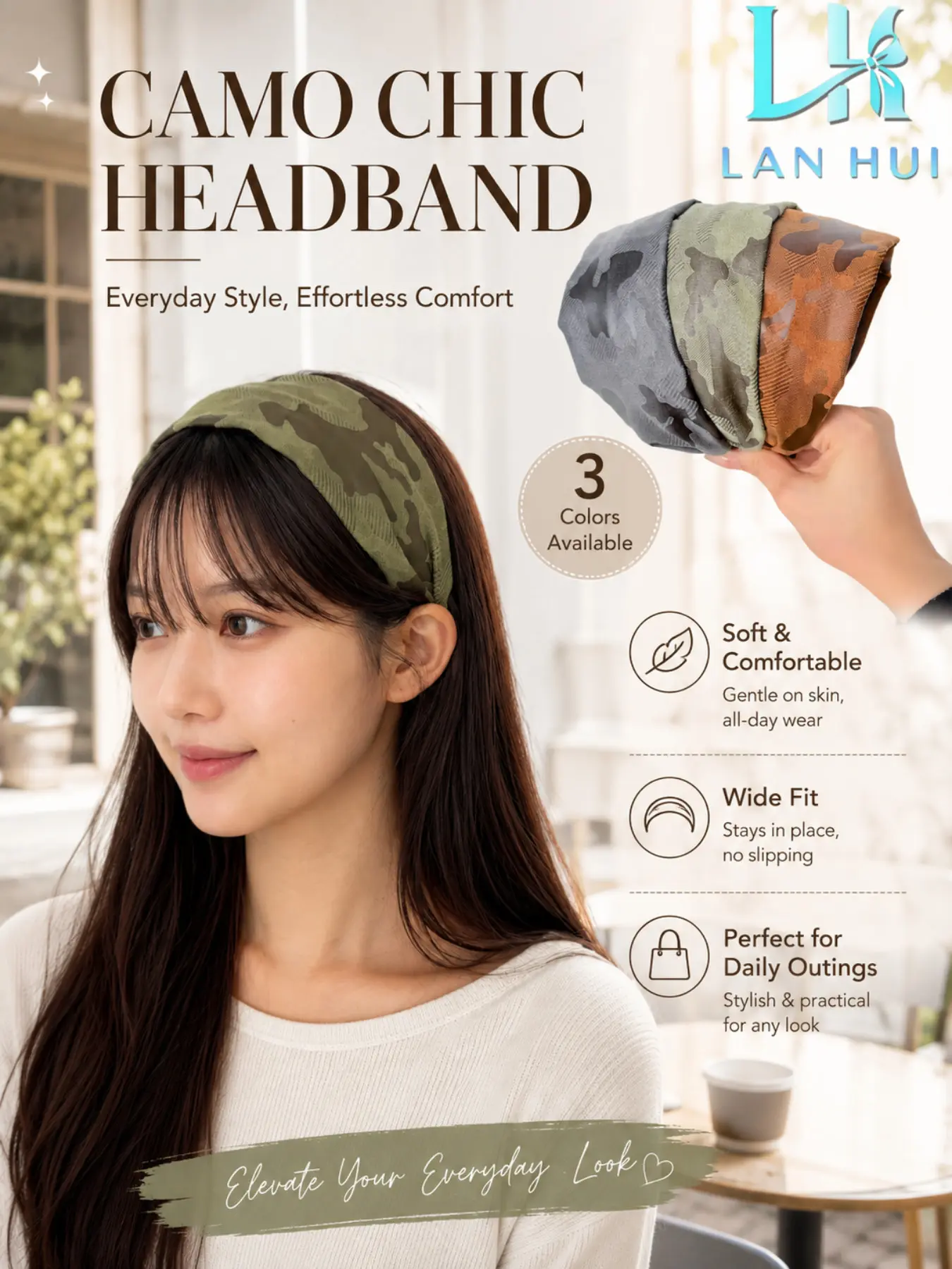3 Pcs Camo Print Wide Headbands Set, Soft Fabric Non Slip Head Bands, Fashion Camouflage Hair Accessories, Comfort Elastic Headbands for Women Sports Workout Daily Wear