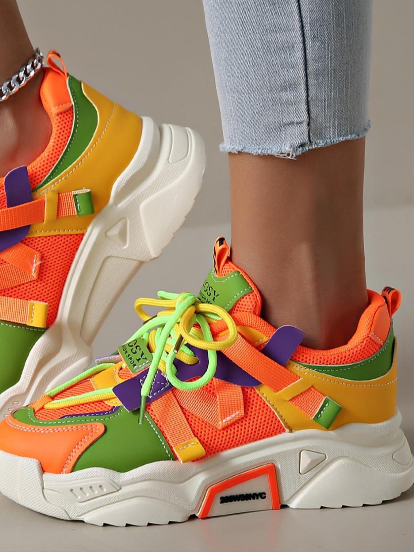 Women's Fashionable Colorblock Lace Up Platform Sneakers, Casual Comfortable Sports Shoes for Daily Wear, Female All-match Round Toe Shoes for Daily Wear, Lightweight Sneakers