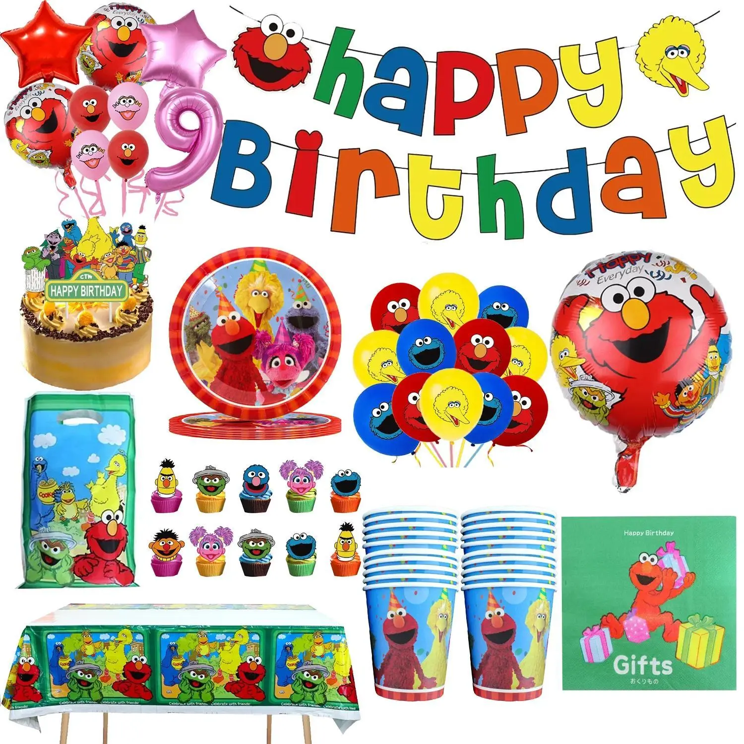 Cartoon Sesame-Street Party Decoration Elmo Theme Birthday Party Plate Cup Cake Topper Balloons  Baby Shower For Kids Supplies