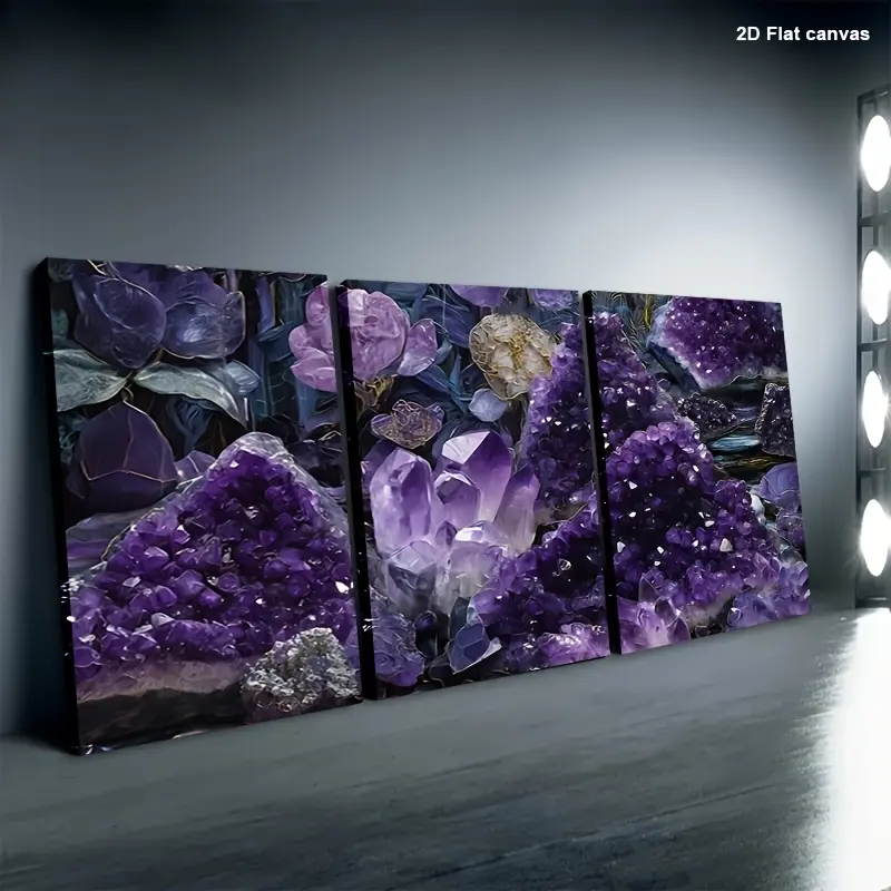 2D flat canvas, 3-piece set of amethyst garden decorative paintings, framed and ready to hang, suitable for room decoration, office decoration, home decoration, wall art decoration, bathroom decoration, multi-functional holiday centerpiece decoration, per