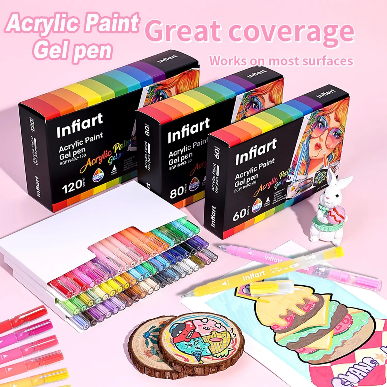 Infiart Acrylic Drawing Pens Set, 60/80/120 Colors, Large Capacity, 1mm Bullet Tip, Ideal for Artists & Beginners, Gift Box Packaging