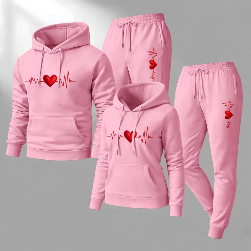 Couple's Heartbeat Print Hooded Sweatshirt and Drawstring Sweatpants Set, Casual Sportswear, Long-Sleeve Hooded Jacket and Pants, Suitable for Autumn, Winter, and Spring, Everyday Wear, Tracksuit, Casual Athletic Wear
