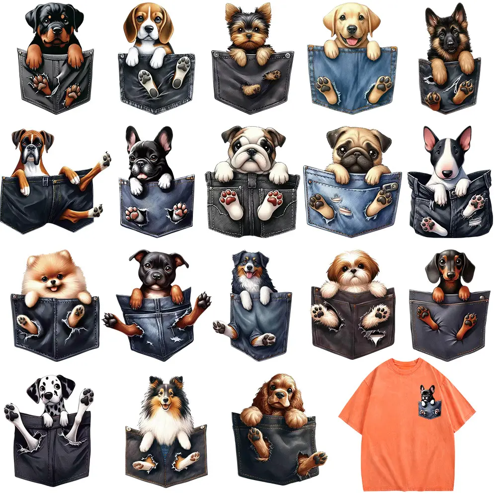 18Pcs cute pocket puppy heat transfer stickers. Ironable and washable, these lovely dog patterns work for decoration, hole mending and personalized DIY on T-shirts, sweaters and canvas bags.