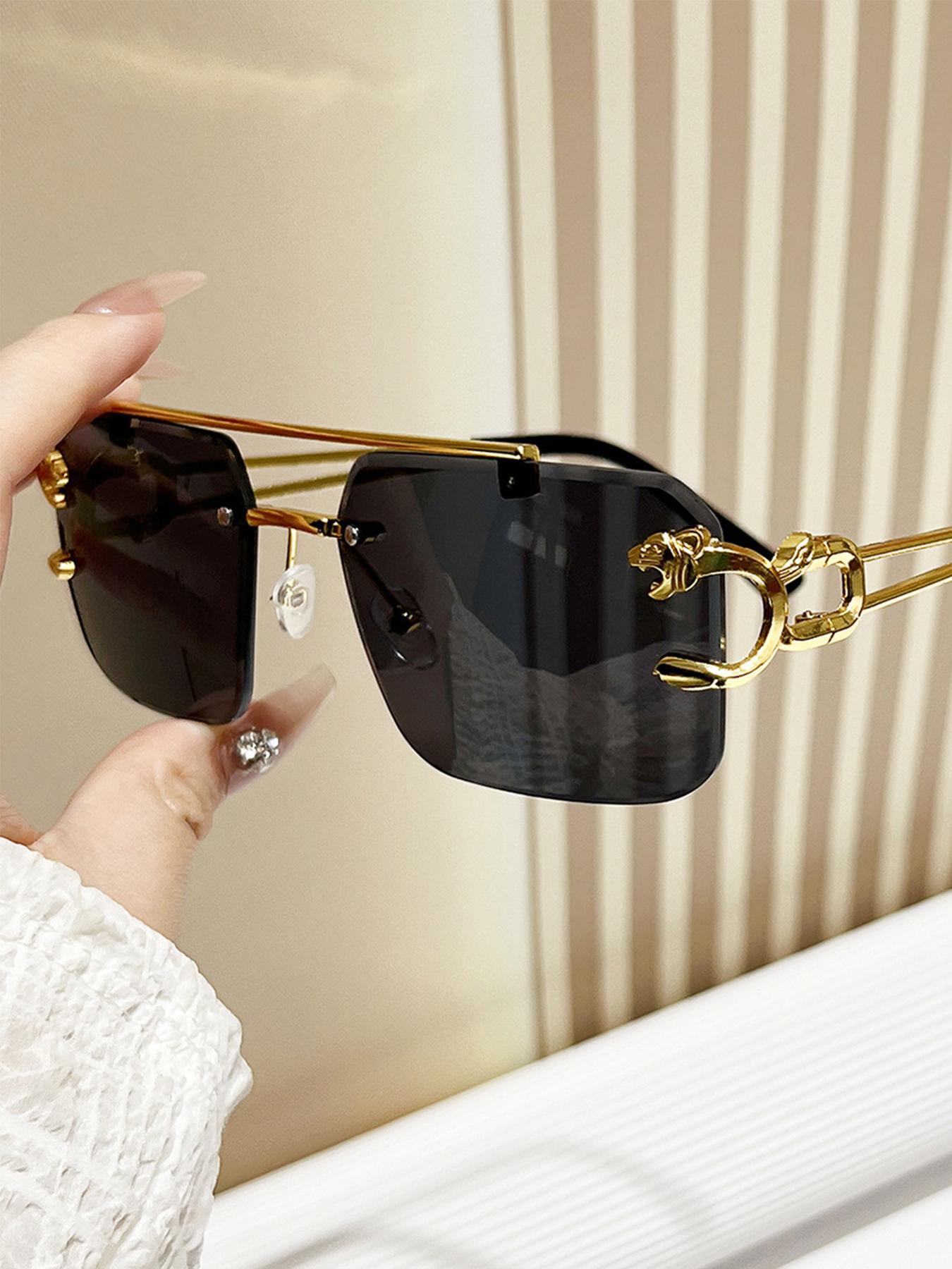 Luxury Square Gold Frame Fashion Sun Glasses Metal Leopard Rimless Sunglasses Double Bridges Gradient Ocean Film Shades UV400 Trendy Casual Sunglasses