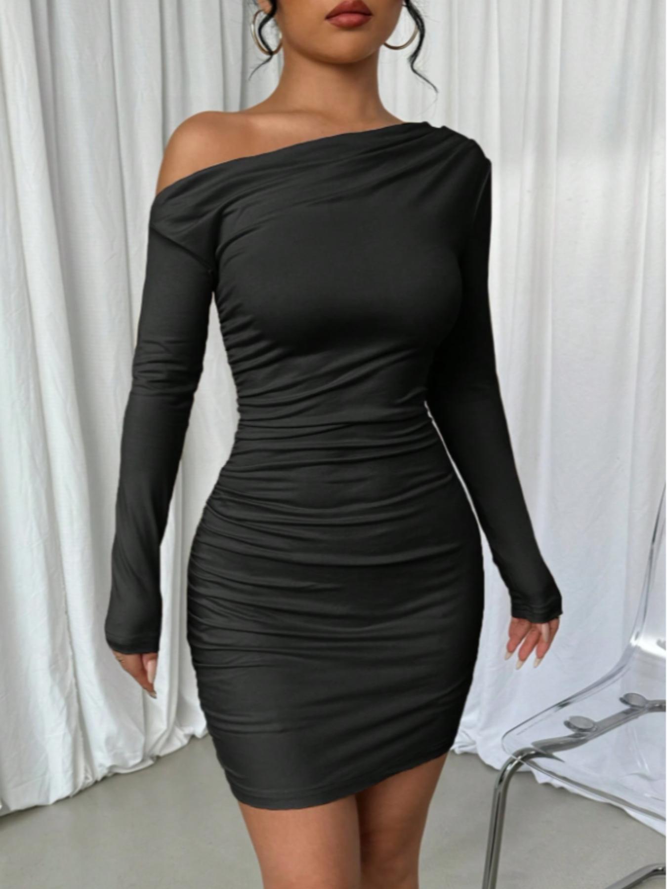 Elegant Asymmetrical Neck Long Sleeve Knit Dress, Pure Color Ruched Design, Women's Fashionable Formal for Special Occasions