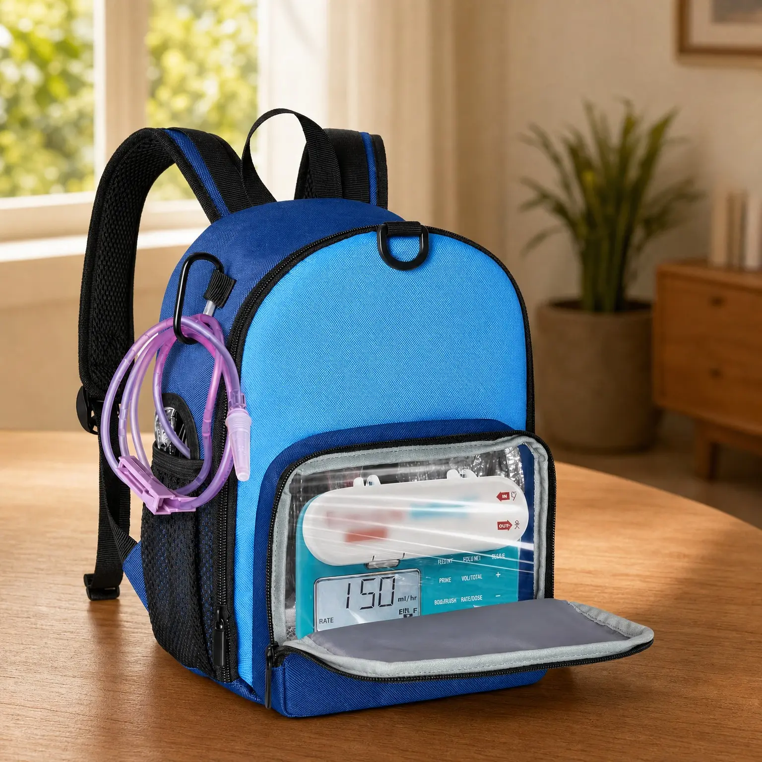 Feeding Tube Backpack Holds 500ml Bag and Enteral Feeding Pump, Compatible with EnteraLite Infinity and Kangaroo Joey, Feeding Tube Bag for G Tube J Tube and GJ Tube, Blue(Gift)