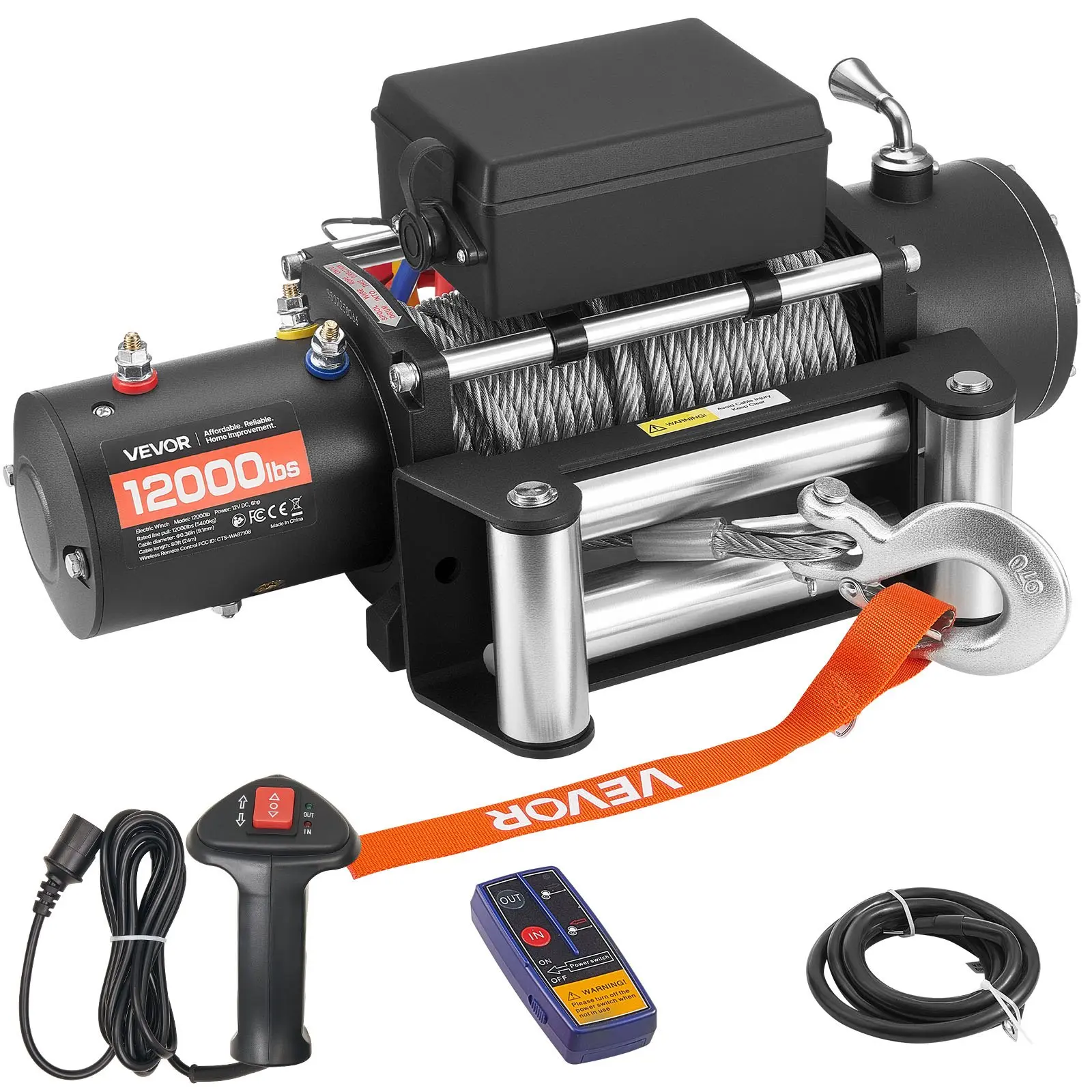VEVOR Electric Winch, 12000 lbs Load Capacity, 12V DC Truck Winch with 0.36 inx 80 ft Steel Rope, Wireless Wired Remote Control, IP55 Waterproof for Towing SUV Jeep Trailer Boat Off-Road Vehicle