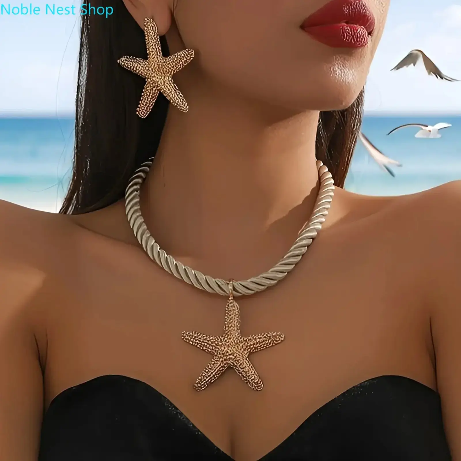 Boho Golden Starfish 3-Piece Jewelry Set, Vintage Handmade Braided Necklace & Exaggerated Drop Earrings, Chic Ocean Accessory for Prom, Wedding, Festival & Holiday Wear