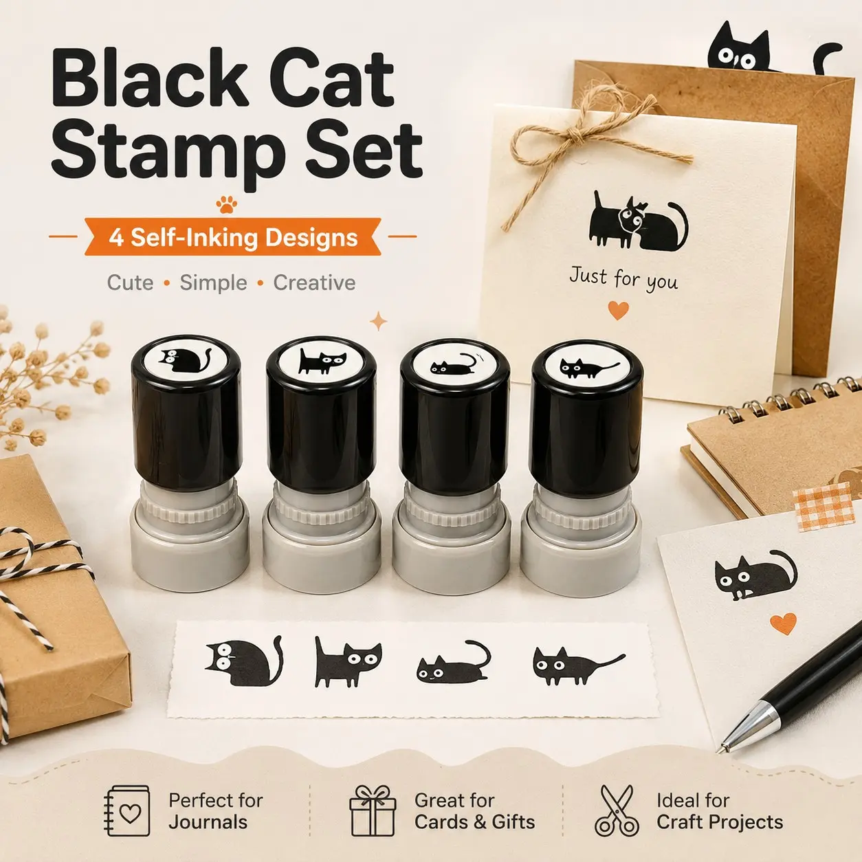 4PCS Halloween Black Cat Self Inking Stamps Set, Round Pattern Stampers with Black Ink, Portable Craft Stamp Kit for Cards, Treat Bags, Scrapbooking, Journals and Office Stationery