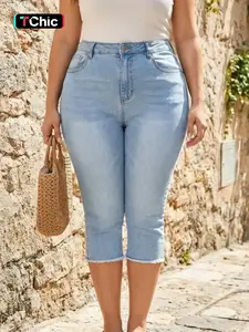 【Plus Size】Women's Capri Jeans, Light Womenswear Casual Comfy Denim Capri Pants for Daily Wear, Women's Bottoms for Summer