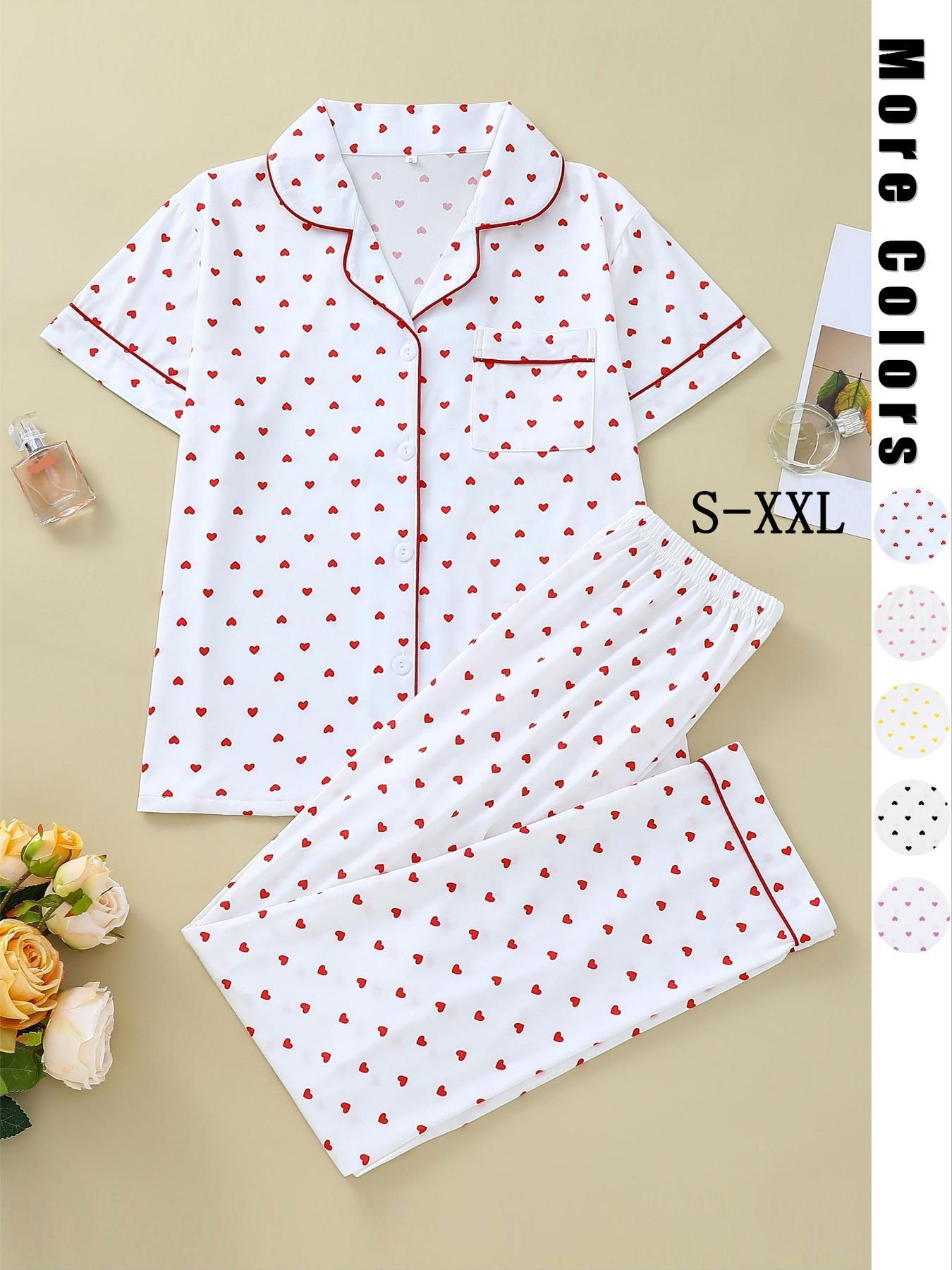 2 Pieces Women's Heart Print Pocket Button Front Shirt & Elastic Waist Pants Pyjama Set, Casual Short Sleeve Lapel Top & Trousers, Valentine's Day Gift, Women's Sleepwear for Summer
