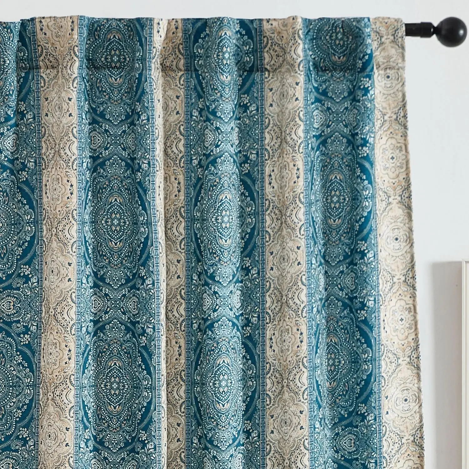 William Boho Damask Striped Patterned Window  Tab Rod Pocket Print Curtains Bedroom - Light Blocking Darkening Window Panels, Set of 2 (Teal Blue, 52 W x 84 L)