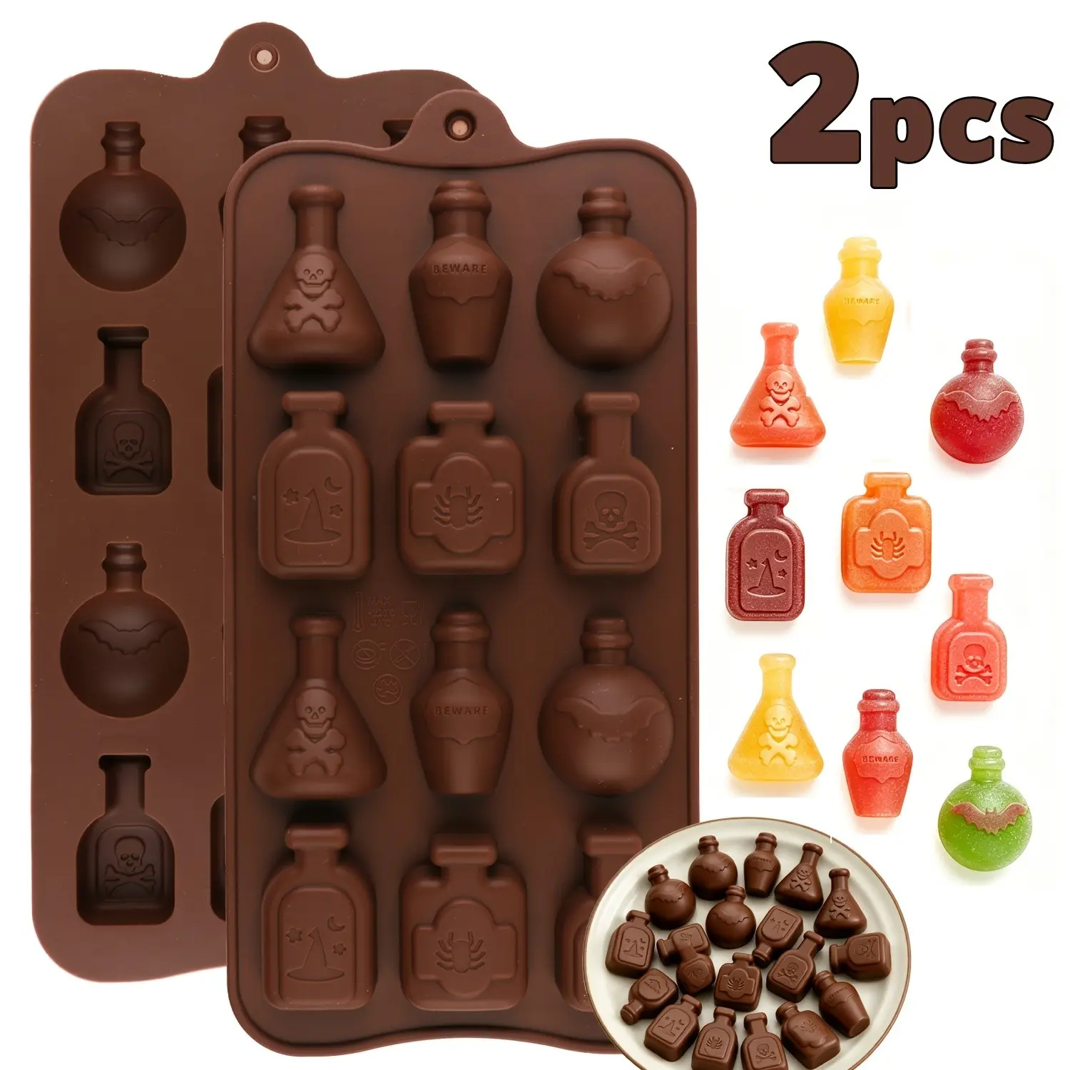 Halloween Silicone Mold Set, 2 Pcs Skull Potion Magic Poison Candy Molds, Chocolate Cookie Fondant Cake Decorations