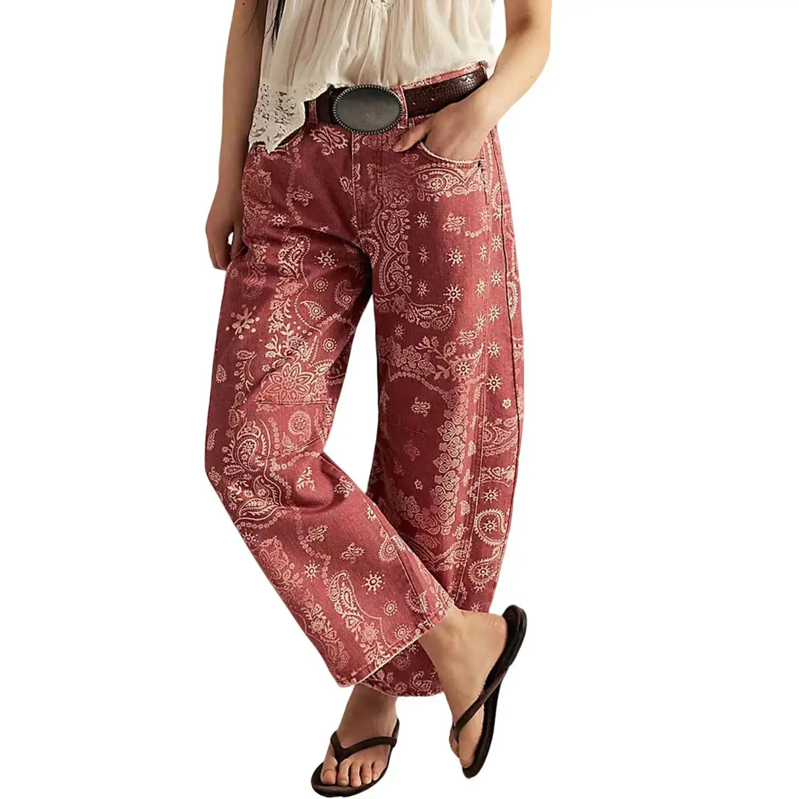 Women's Printed Wide-Leg Jeans Y2k Loose Mid-Rise Denim Jeans in Soft Pink with Boho Floral Pattern Casual Trousers