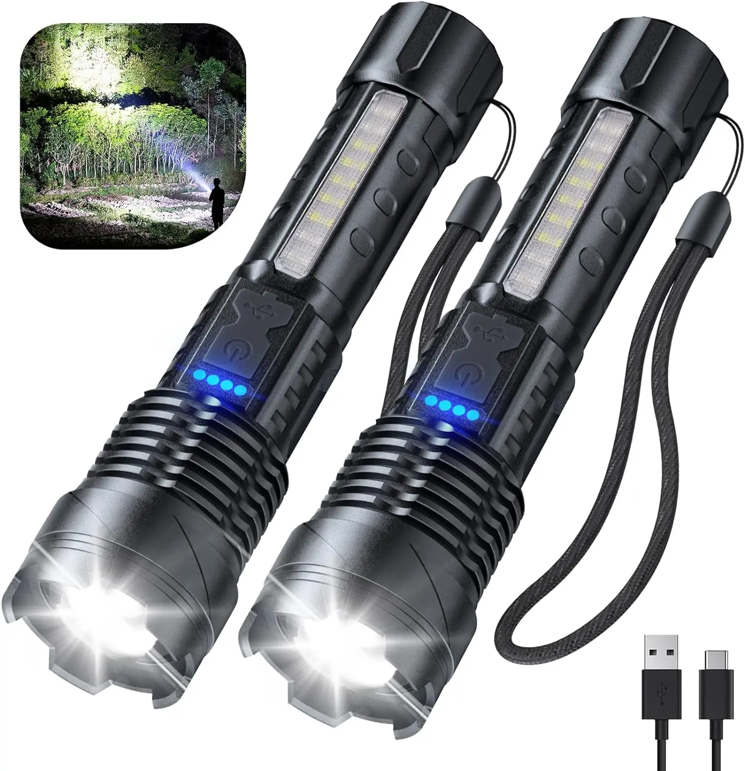 Portable LED Ultra-Bright Flashlight, 980000 Lumens, USB Fast Charge Rechargeable, Telescopic Zoom, 7 Multi-Mode, IPX6 Waterproof Shock Resistant Outdoor Sports Torch for Camping, Emergency - Travel Accessory