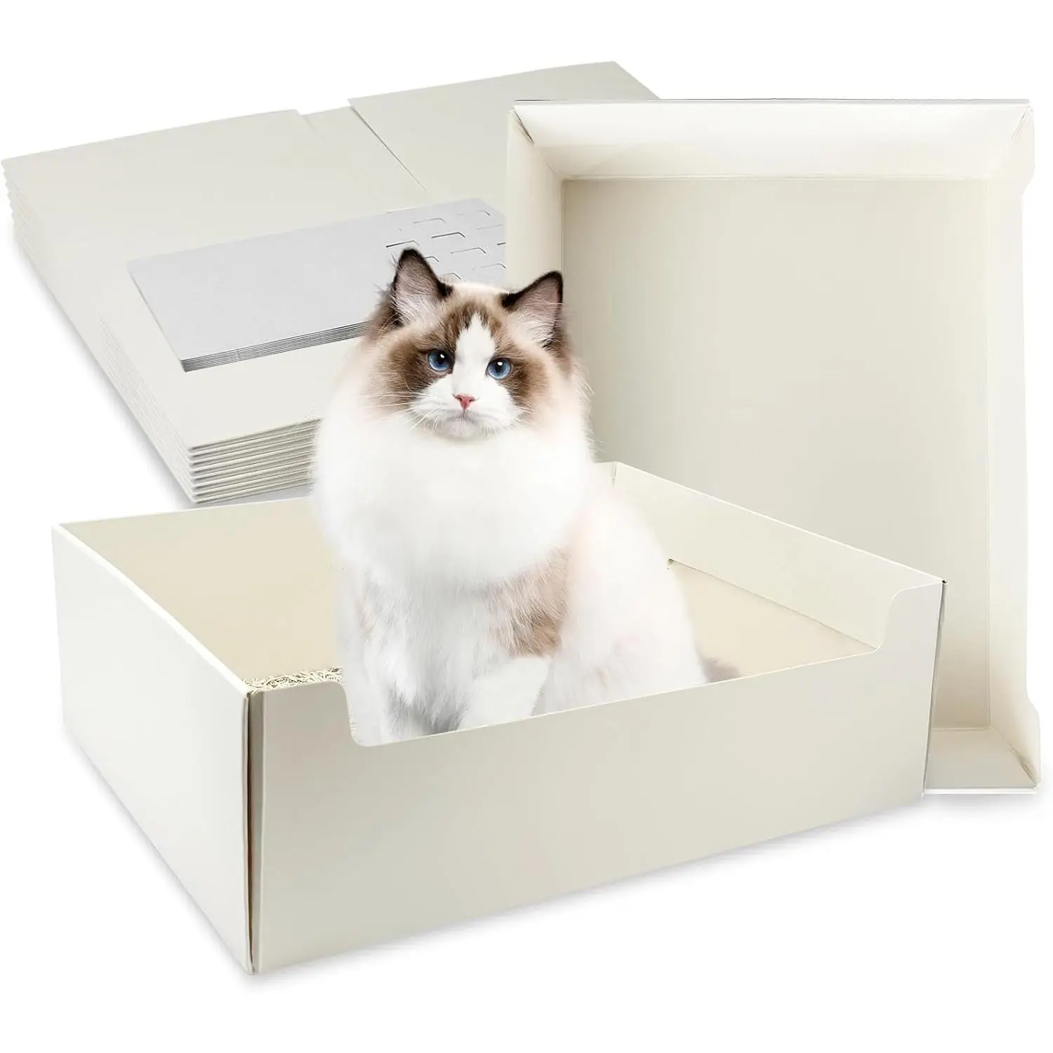 8-Pack White Disposable Cat Litter Boxes, 14.8in Foldable Paper Kitty Tray with Scoop, Waterproof Cardboard Travel Use Litter Box for Small Pets - Low Entry