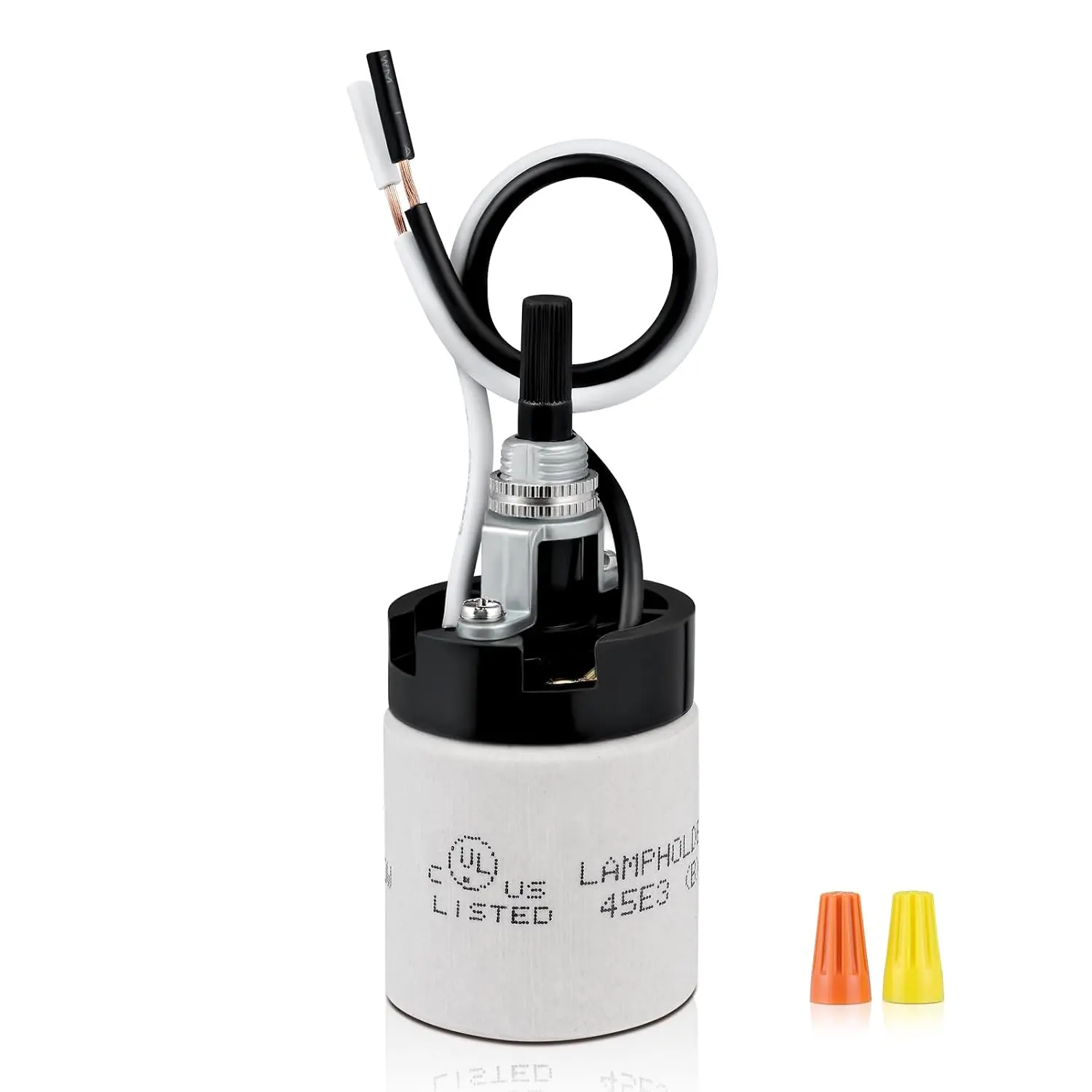 UL Listed Porcelain E26 Lamp Socket with 6'' Wire Lead, High Temp Resistant, Rotary Knob /Off  with 2 Wire Connector Nuts for DIY Table Lamp,250V 250W for Safe Lighting Replacements​ (1)