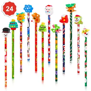 2 Dozen (24) Christmas Pencils  With Giant Eraser Topper Decorated With Santa Christmas Tree For Christmas School Party Favor Supplies Accessories Goodie Bag Stocking Filler