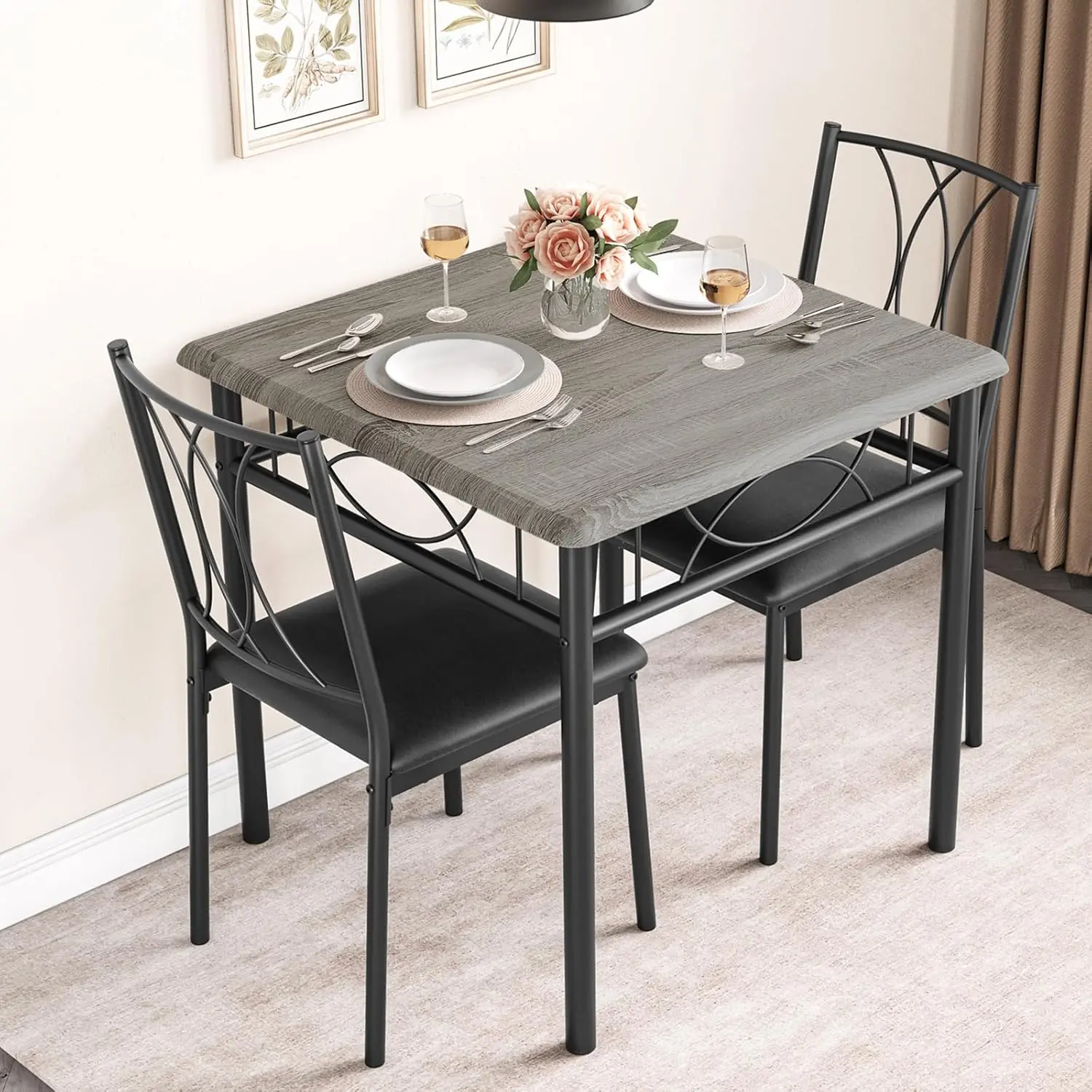 Dining Table Set for 2 Person, Square Dinner Table with 2 Upholstered Padded Chairs, Sturdy MDF & Metal Small Kitchen Furniture, Space Saving Corner Dining Set for Apartment, Small Kitchen, Studio, Condo & Compact Living Room Space
