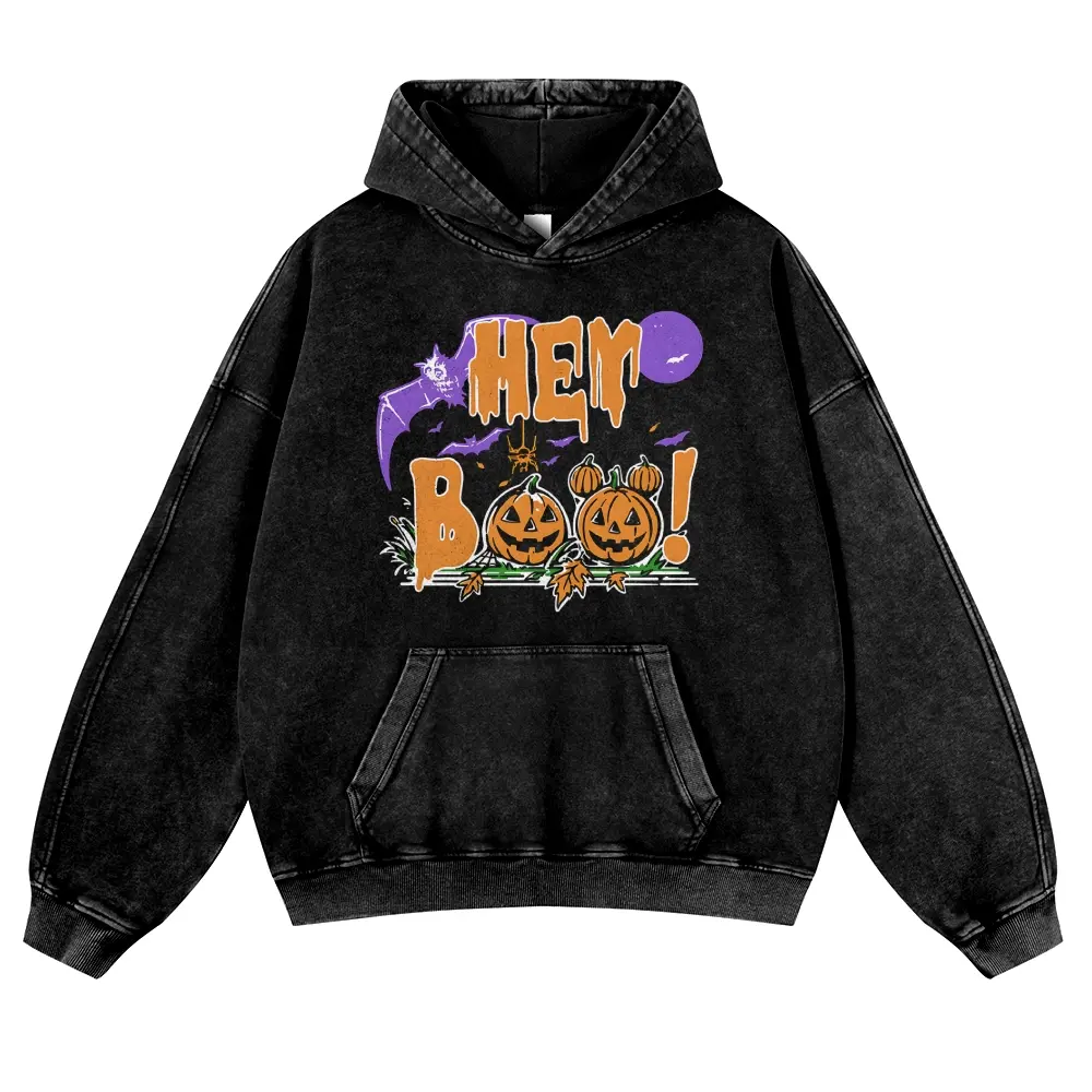 Vintage Halloween Hey Boo Hoodie Oversized Mineral Wash Heavyweight Fleece Graphic Sweatshirt Spooky Season Pumpkin Bat Hooded Pullover Unisex Y2K Streetwear