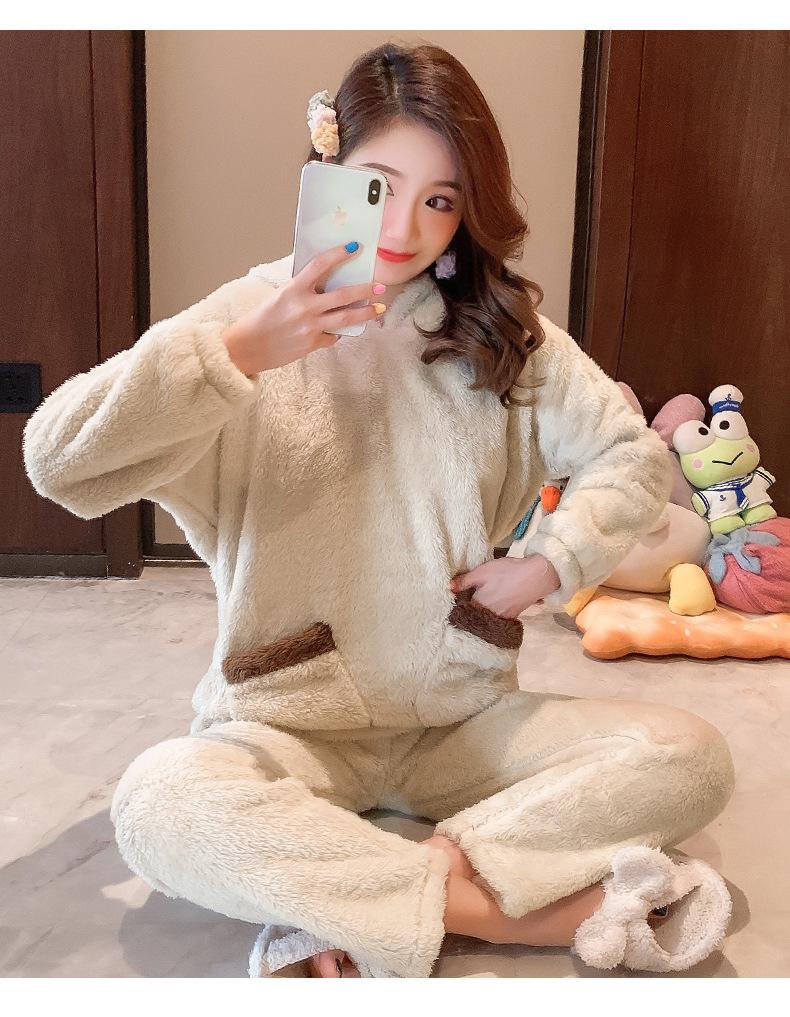 Autumn Winter Thickened Warm Women Loungewear Suit Cartoon Plush Hooded Bear Sleepwear Ladies Flannel Homewear Nightwear Set