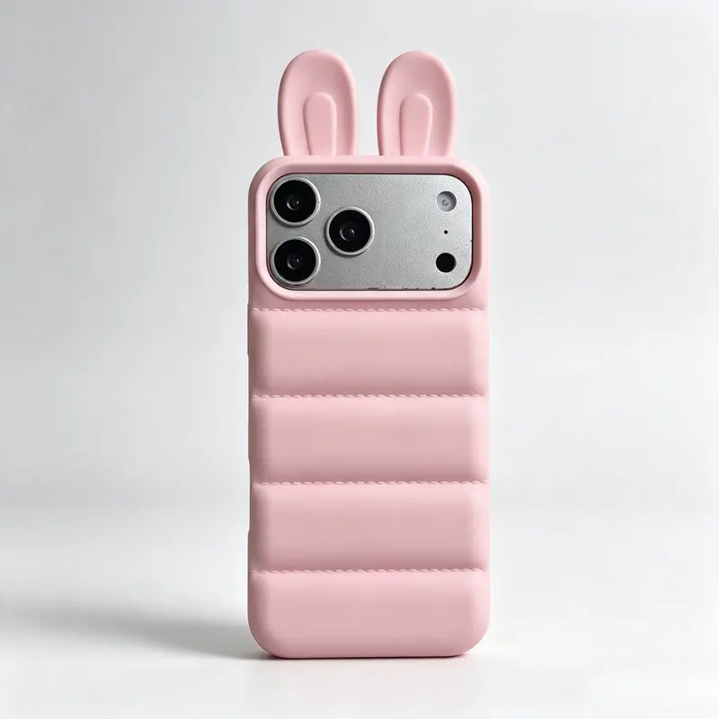 Y2K Style Quilted Down Jacket Rabbit Ear Phone Case for iPhone 17-16-15-14 Pro Max, Solid Vertical Stripe Pink, Cute Girls' Protective Case for Daily Outings & Commuting, High Recognition, Versatile Matching