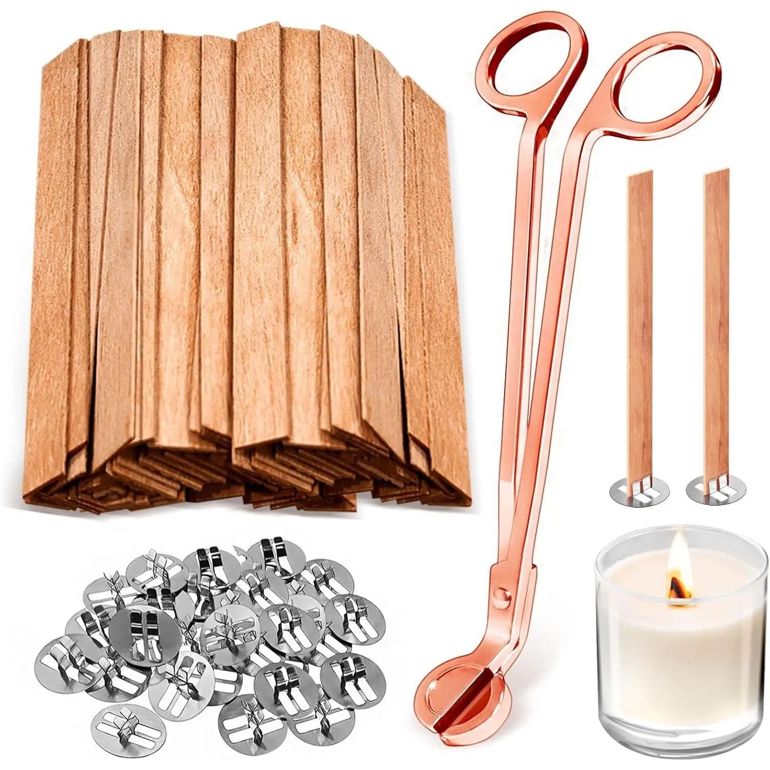 100 Pcs Thickened Wood Candle Wicks for DIY Candle Making with Wick Trimmer, 50 Sets 5.1×0.5×0.04 Inches, Long Lasting Flame Easy to Burn