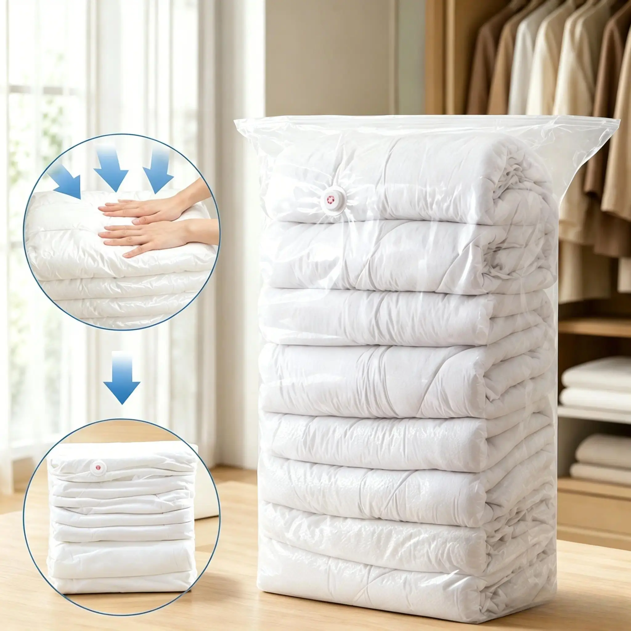 4-Pack No-Pump Vacuum Compression Bags, Thick PA+PE Reusable Odor-Proof Moisture-Dust-Water Resistant Seal Bags with Multi-Sizes Including Small for Clothes & Bedding, Small Size/4Pack