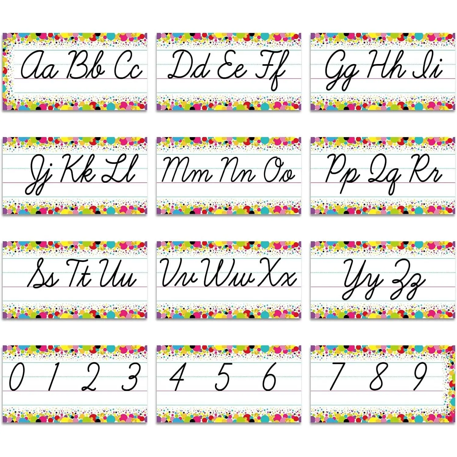 12 Pcs Cursive Alphabet Line Cursive Bulletin Board Set Classroom Alphabet for Wall Number and ABC Wall Decor for Preschool English Poster Kindergarten Primary School Home(Colorful,Confetti)
