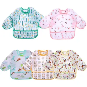 5 Pack Waterproof Long Sleeve Bibs for Baby & Toddler, Full Coverage Art and Feeding Smock with Assorted Patterns, 6-36 Months, Blue Dinosaur/Brown Dinosaur/Monster/Sun