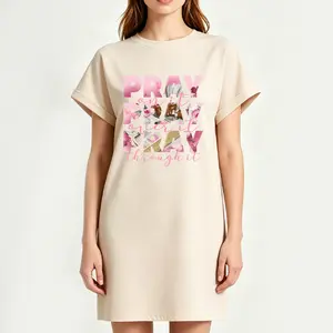 Faith Inspired Pink Pray Print Crew Neck Short Sleeve Midi T Shirt Dress Black Casual Women Dress For Spring Summer Daily Wear Outing Home Soft Comfortable Ladies Fashion Apparel